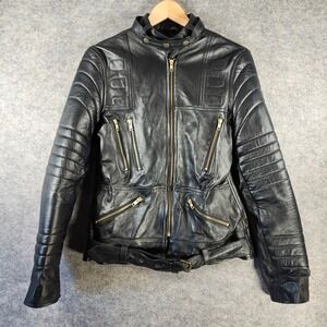 Vintage Real Leather Black Motorcycle Jacket Padded Biker Cafe Racer Womens L